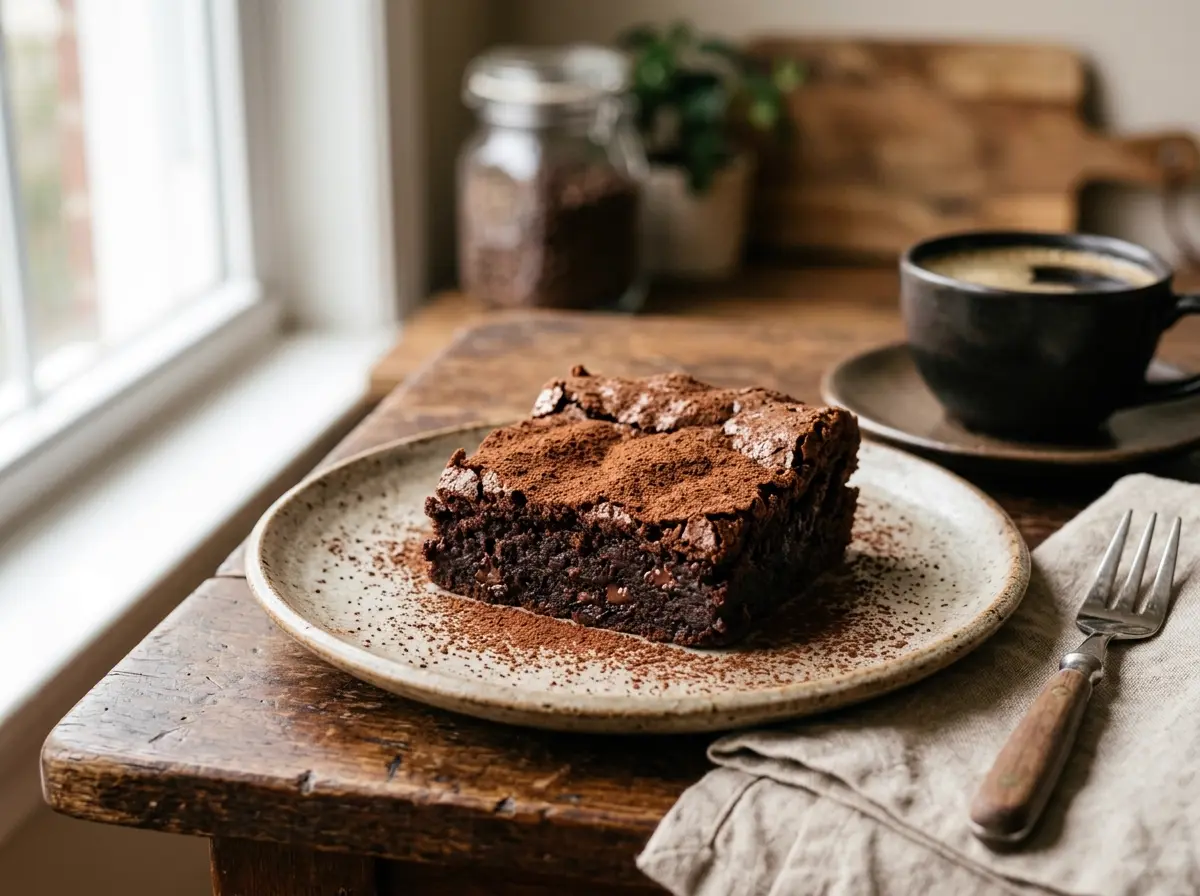 Brownie de chocolate oscuro y café espolvoreado con cacao