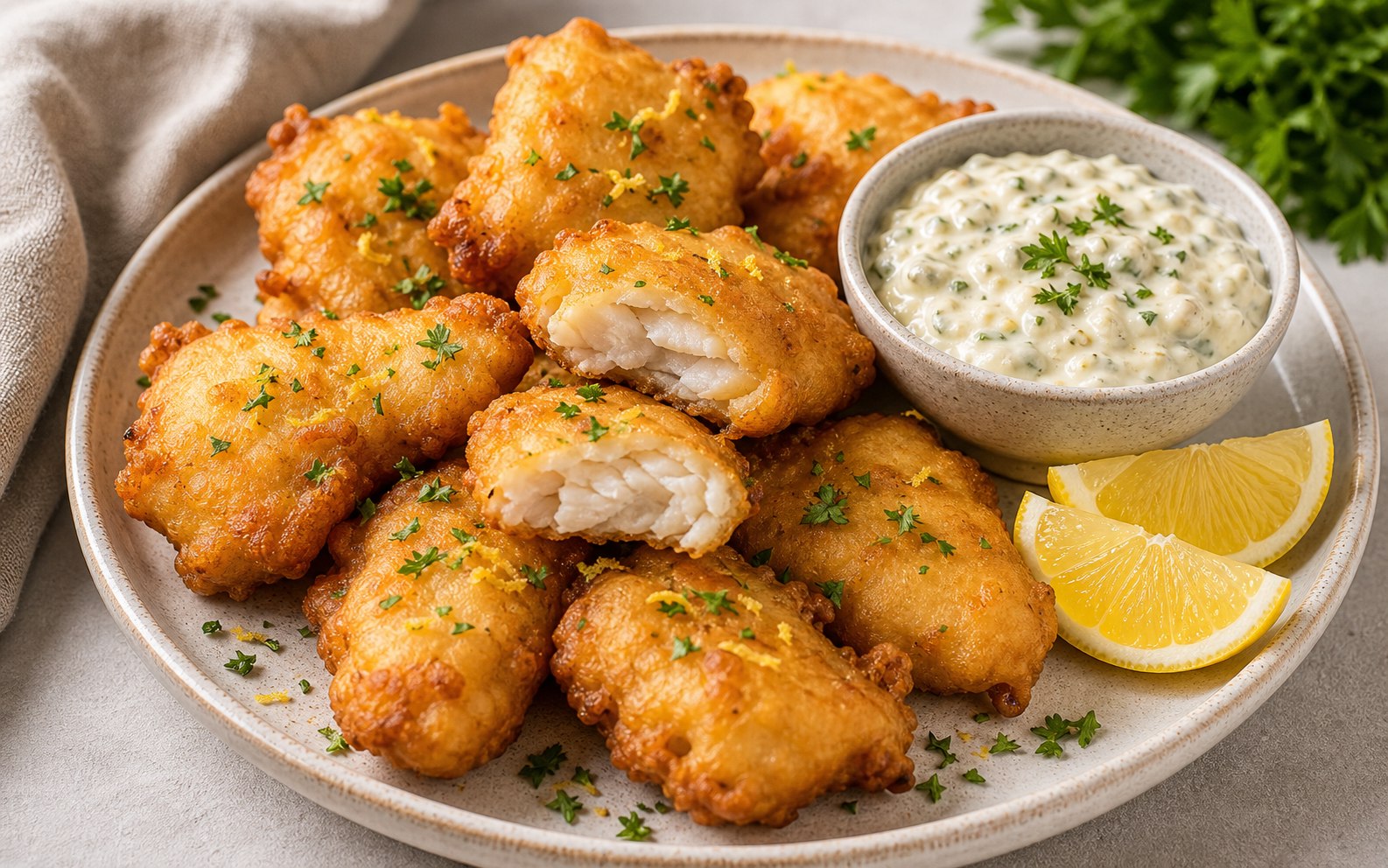 Buñuelos dorados de pescado con salsa tártara