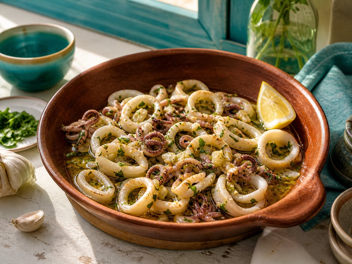 Calamares al ajillo servido con ajo y aceite de oliva