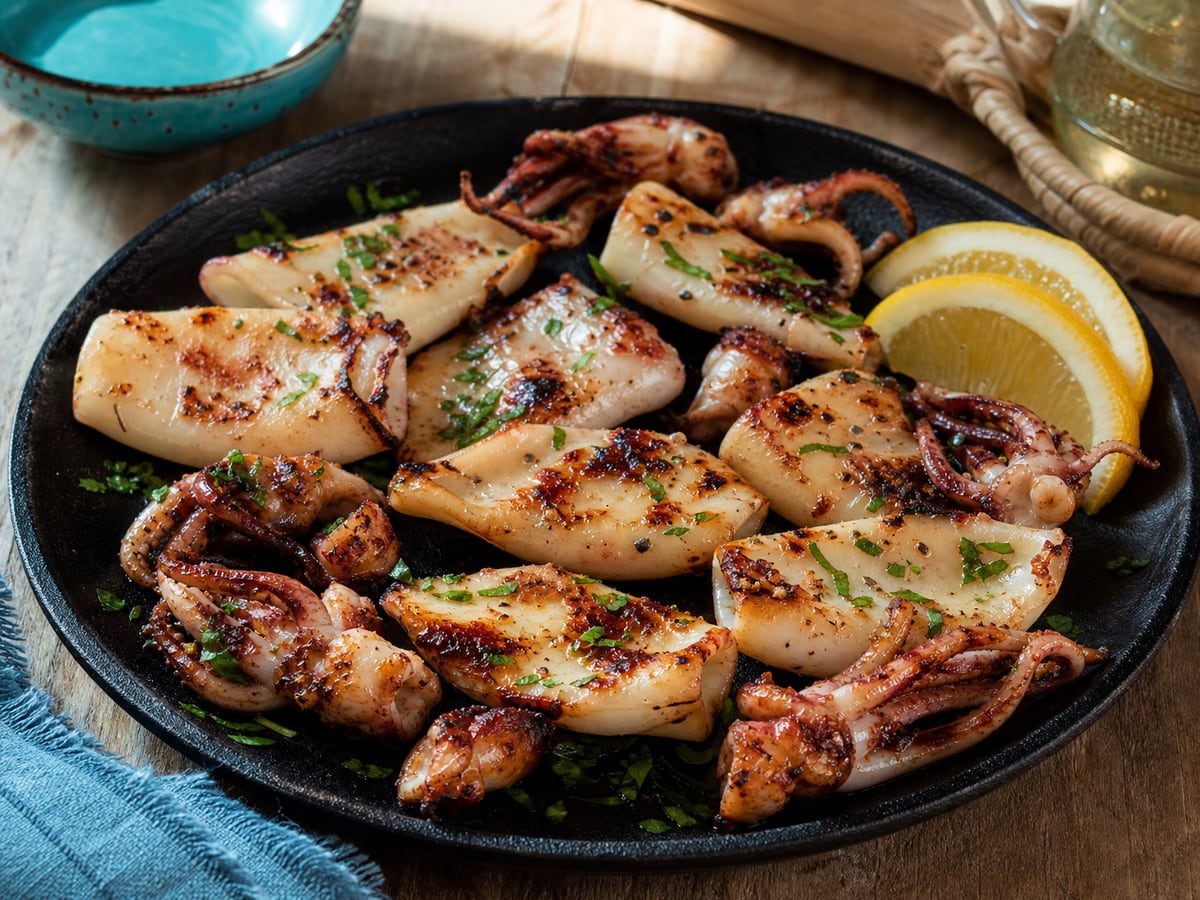 Calamares a la plancha servido con limón y ajo