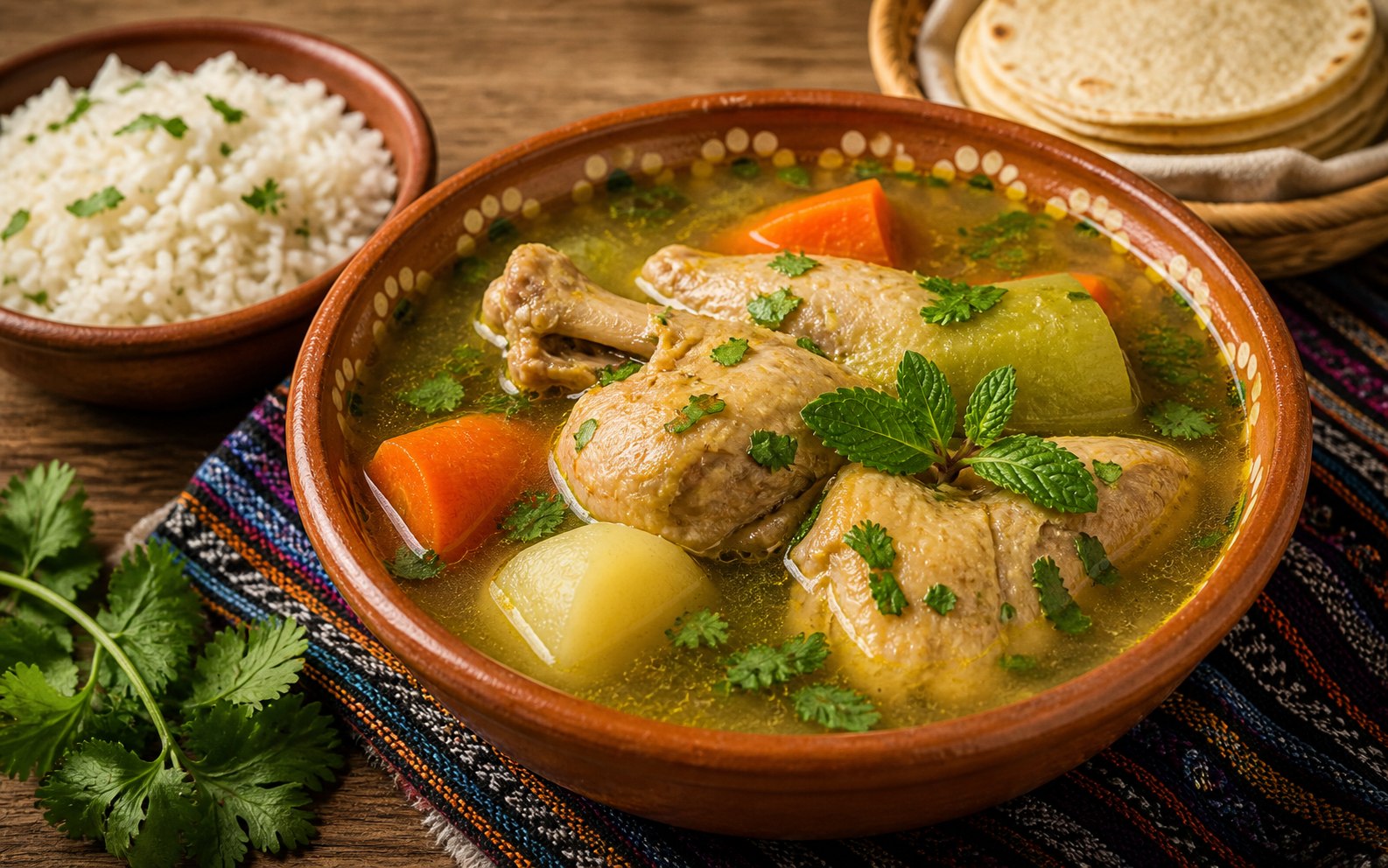 Caldo de gallina dorado y brillante con verduras