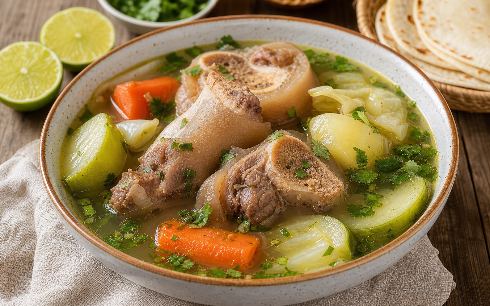 Caldo de pata espeso con verduras y carne con hueso