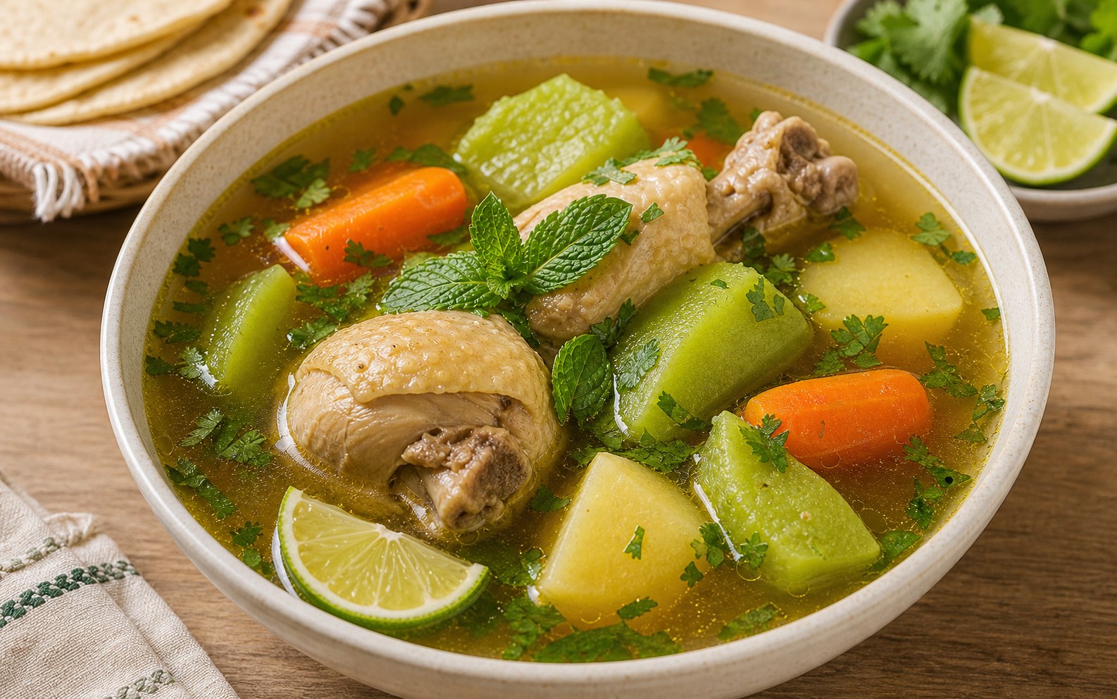 Caldo de pollo claro con verduras grandes