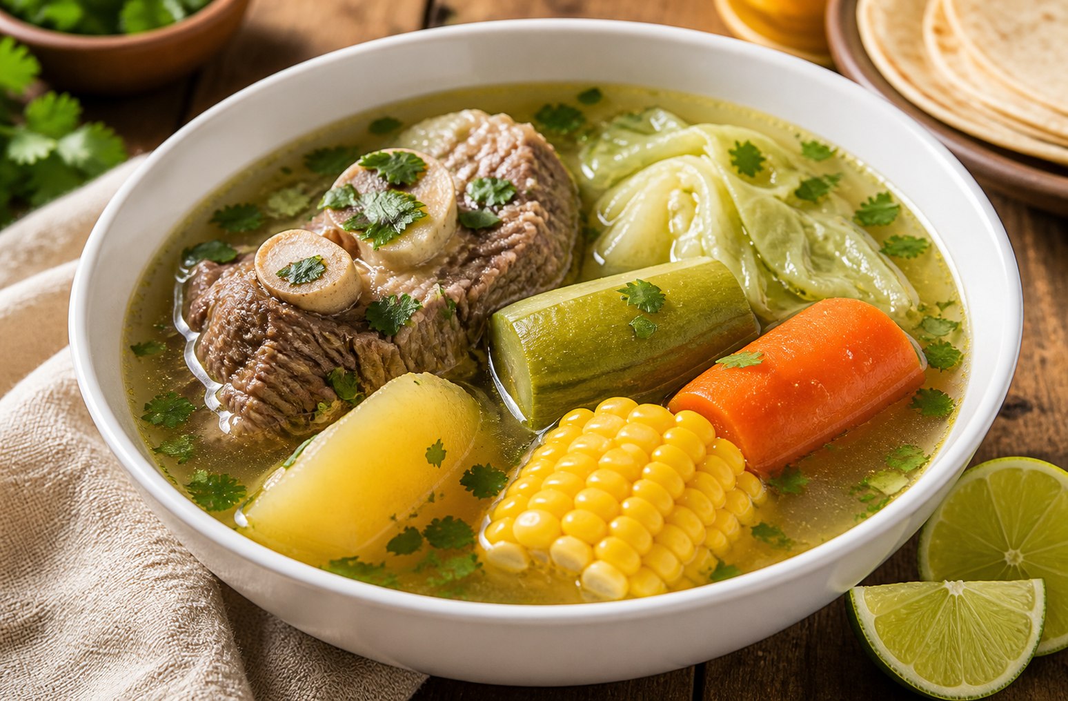 Plato hondo con caldo de res, verduras grandes y carne con hueso