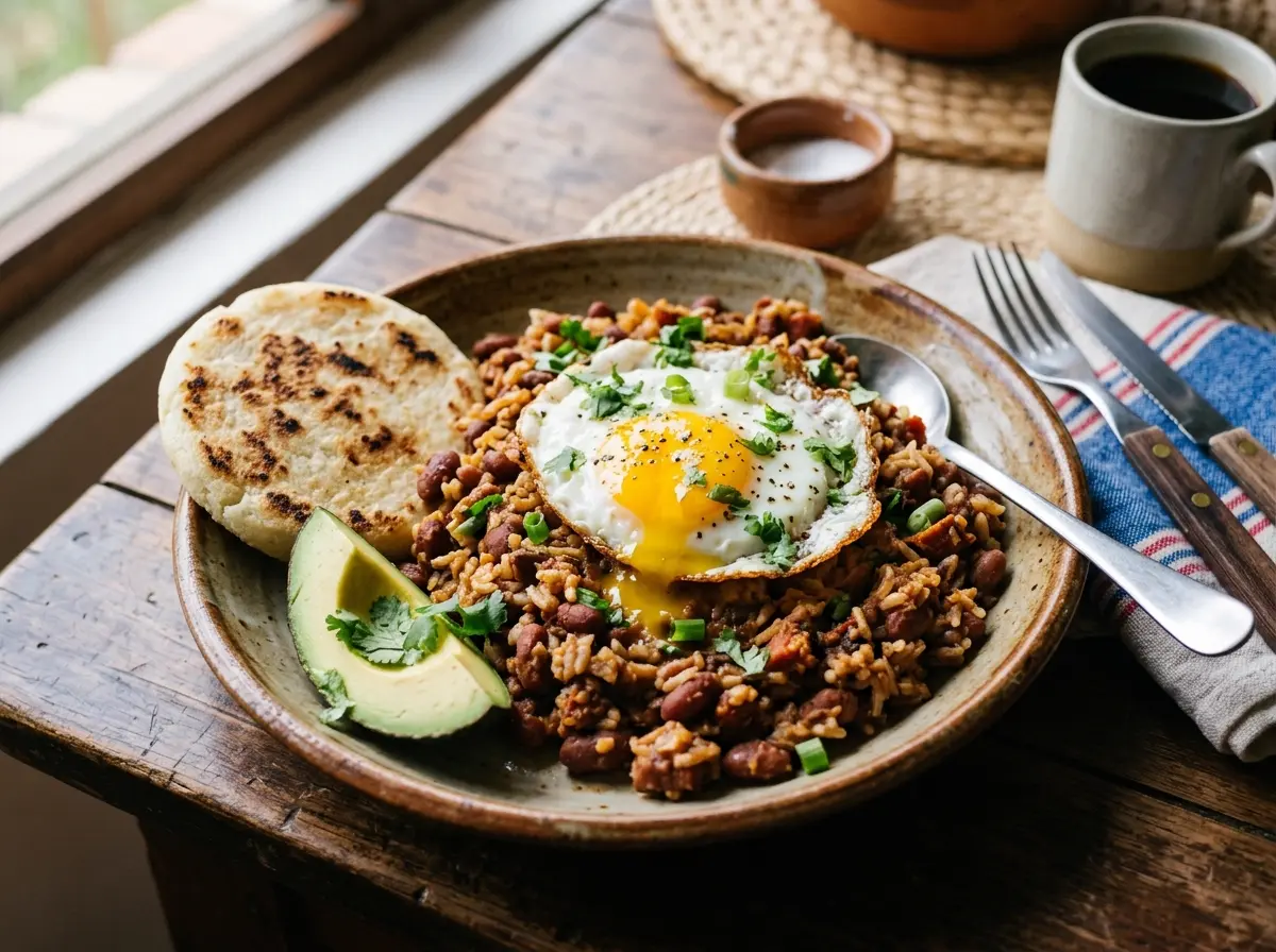 Mezcla de frijoles y arroz con huevo frito encima