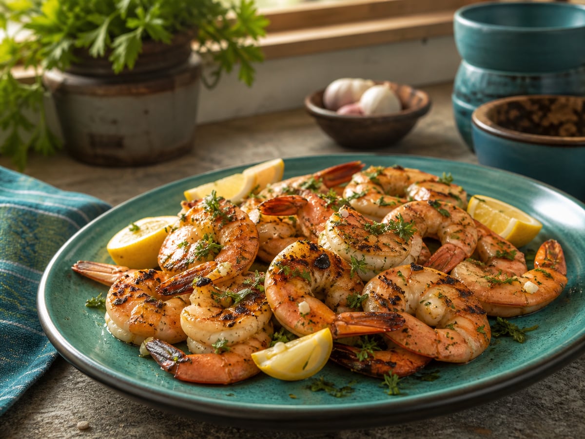 Camarones a la plancha servido con limón y ajo