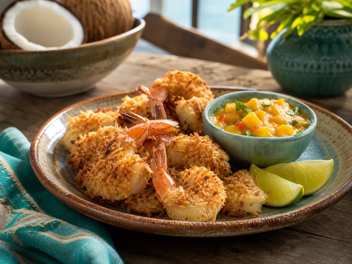 Camarones al coco servido con coco rallado y miga de pan