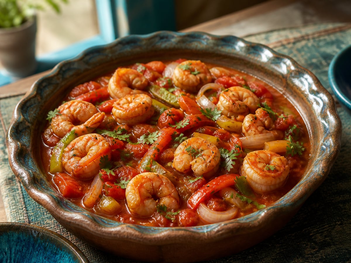 Camarones en salsa de tomate servido con tomate y cebolla