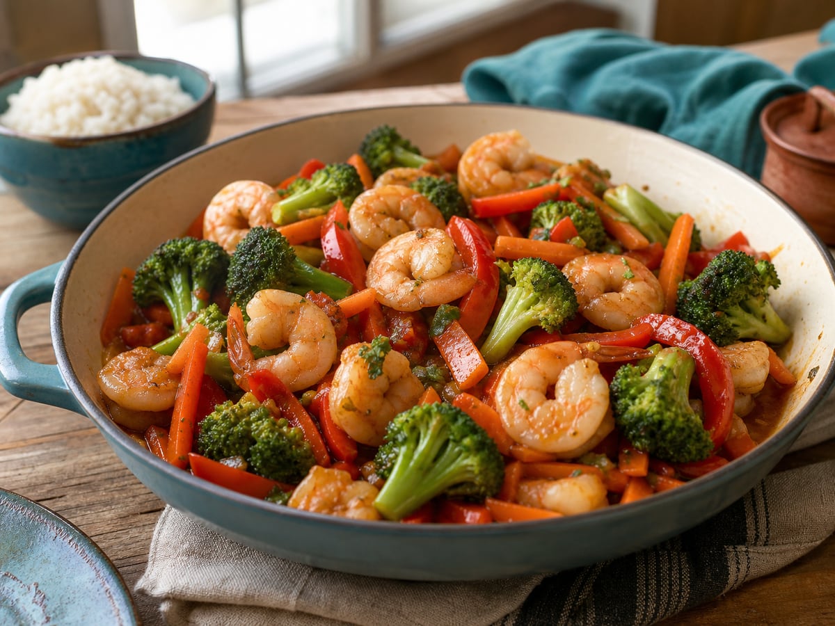 Camarones salteados con vegetales servido con brócoli y pimiento