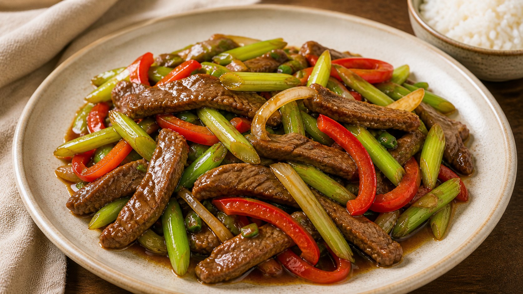 Tiritas de carne salteadas con vegetales y salsa soya