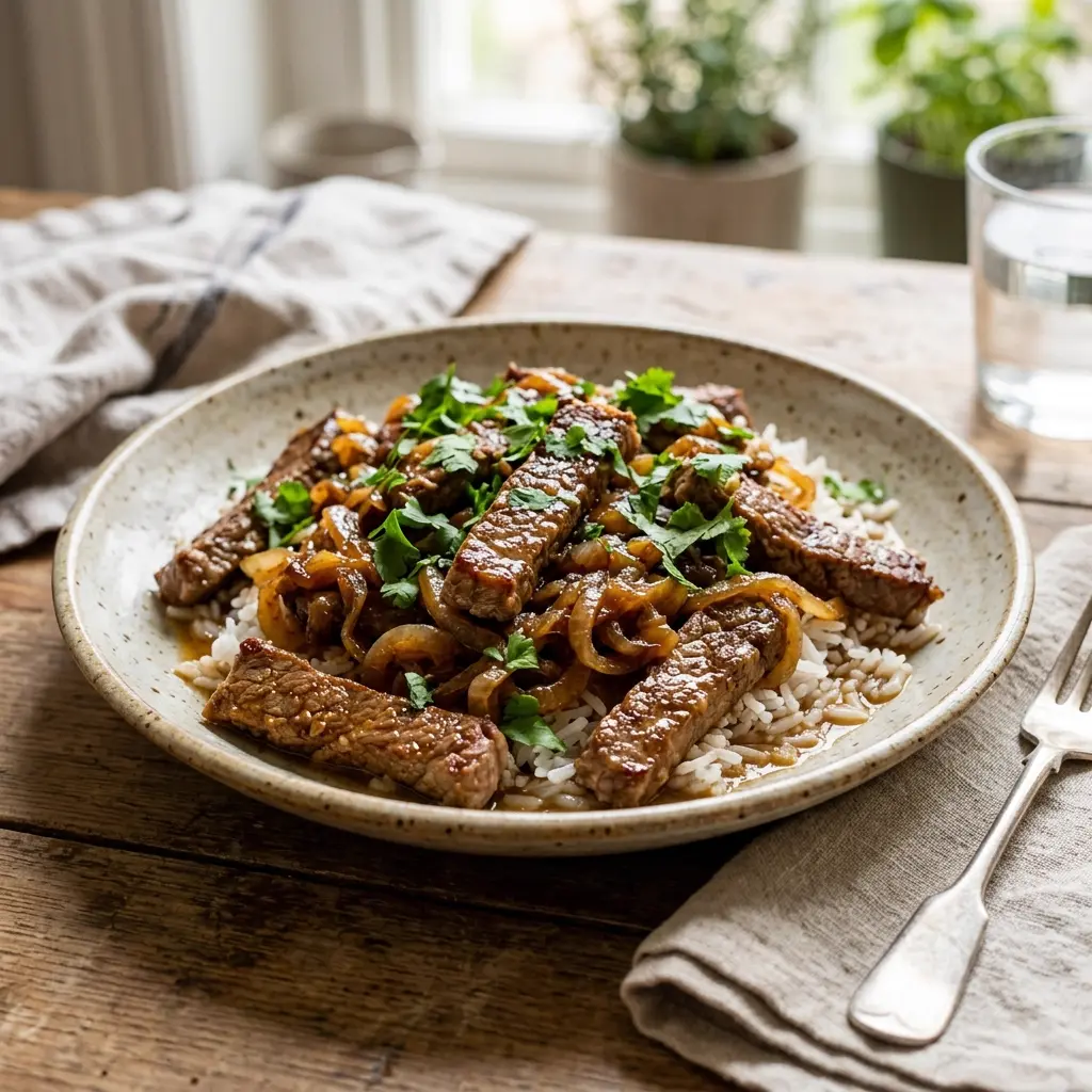 Carne encebollada servida con su jugo en un plato