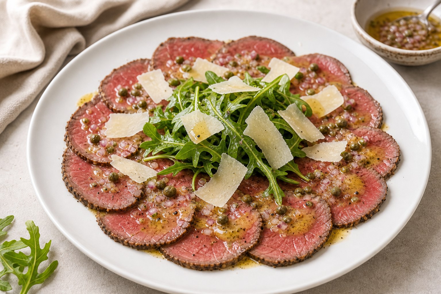 Lonchas finas de carpaccio con arúgula y queso grana