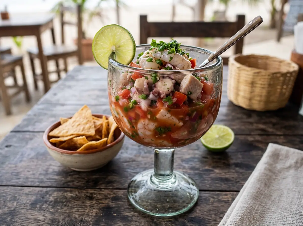Ceviche mixto rojo en copa de vidrio