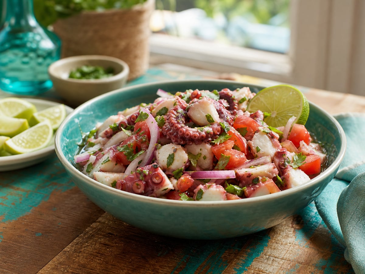Ceviche de pulpo cocido servido con limón y cebolla morada