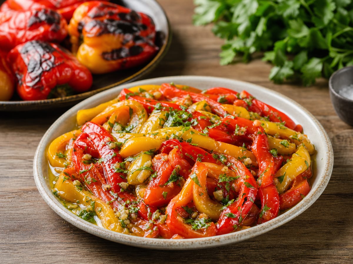 Chiles pimientos rojos y amarillos asados, pelados y marinados con ajo