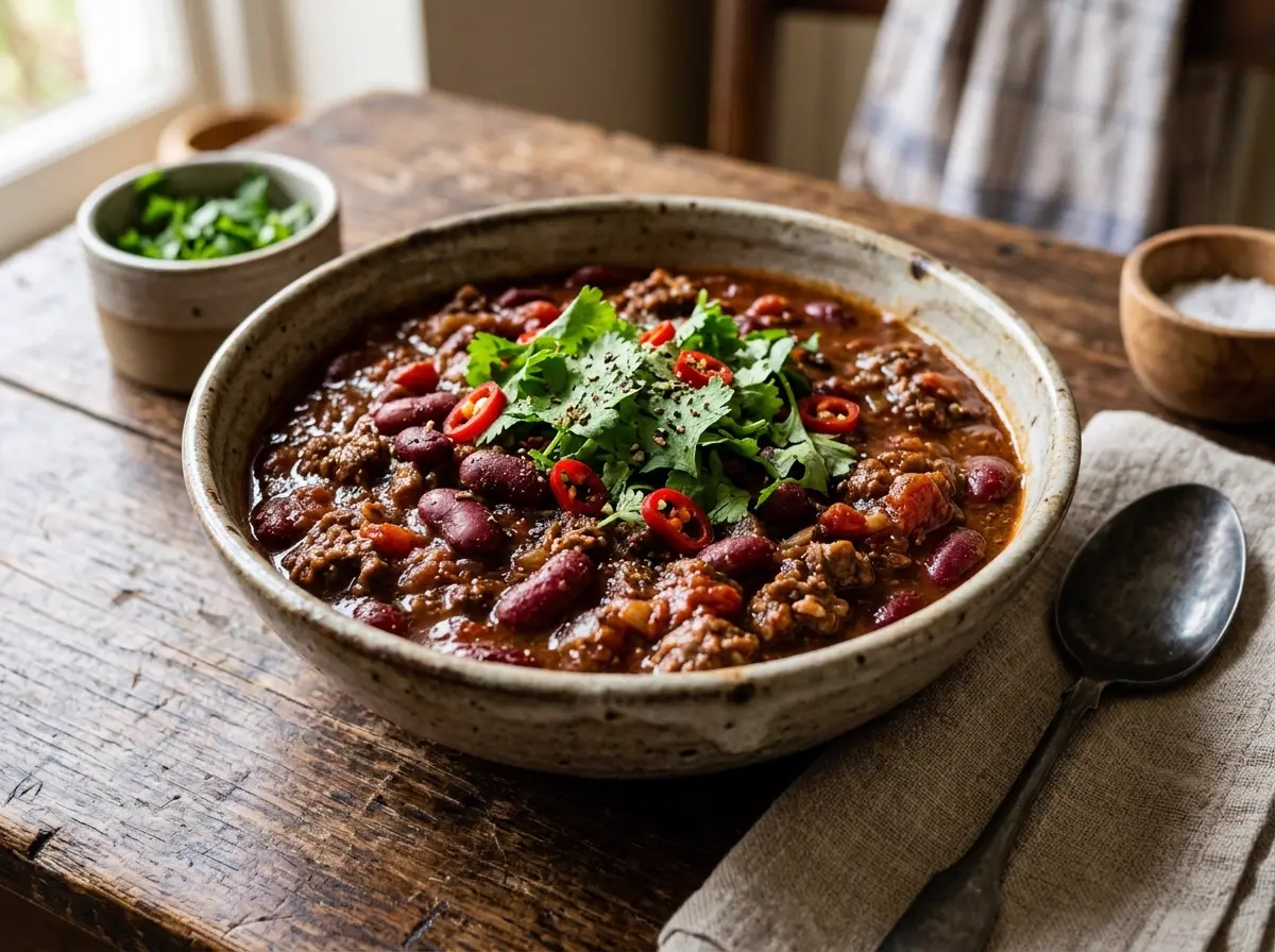 Cuenco rústico lleno de chili con carne y café