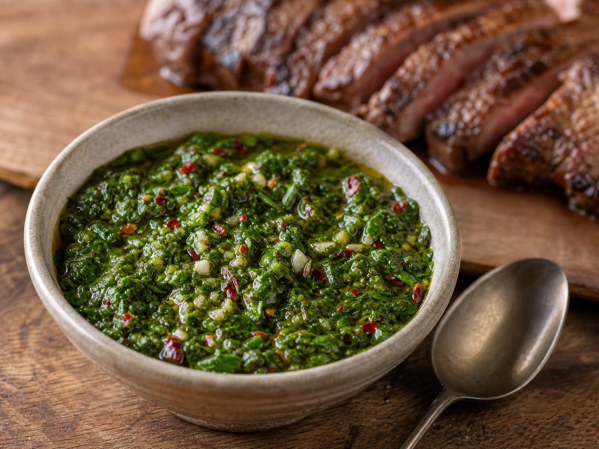 Tazón de chimichurri verde con perejil, ajo y chile junto a carne asada