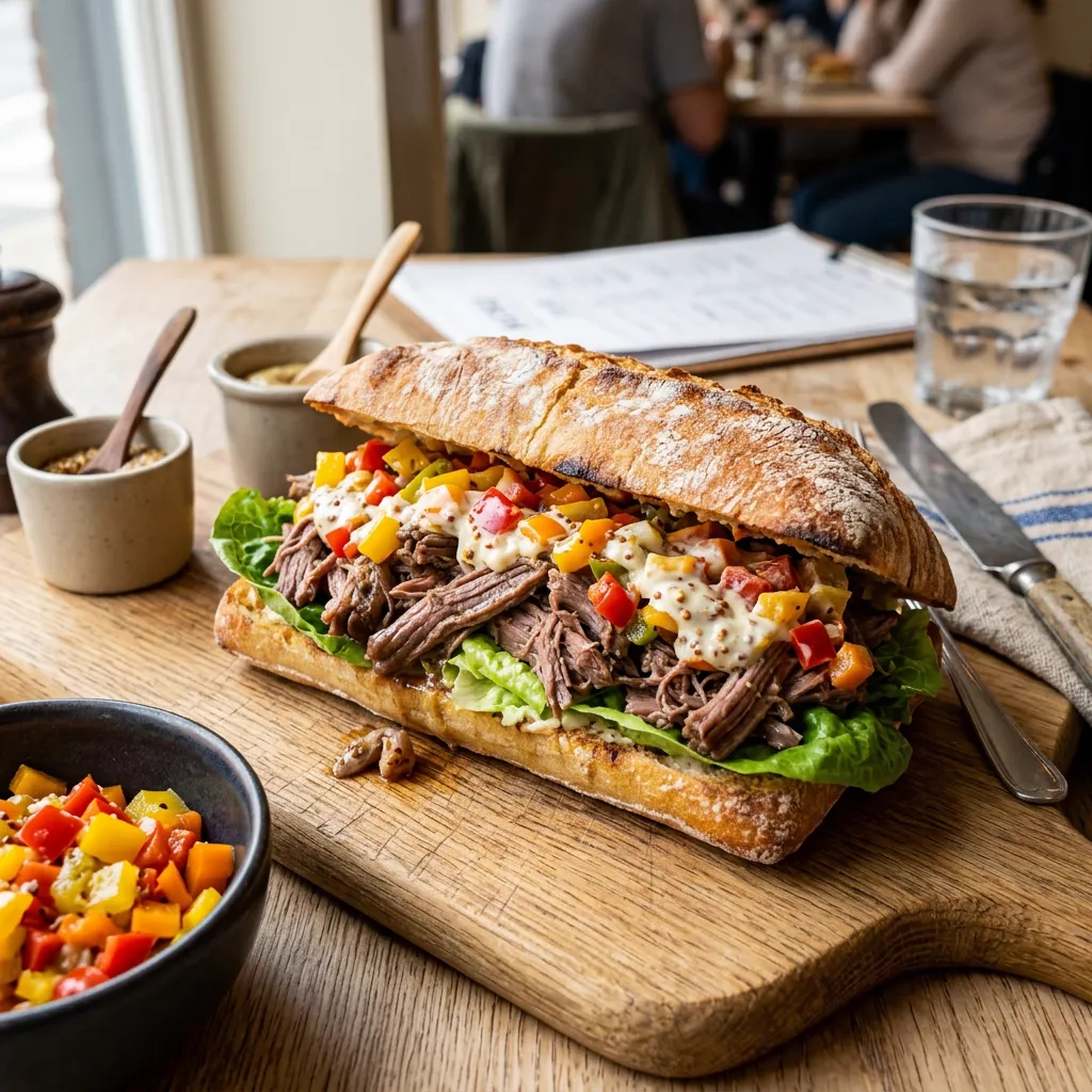 Sándwich de pan ciabatta crujiente relleno de roast beef, pimientos y aderezo cremoso