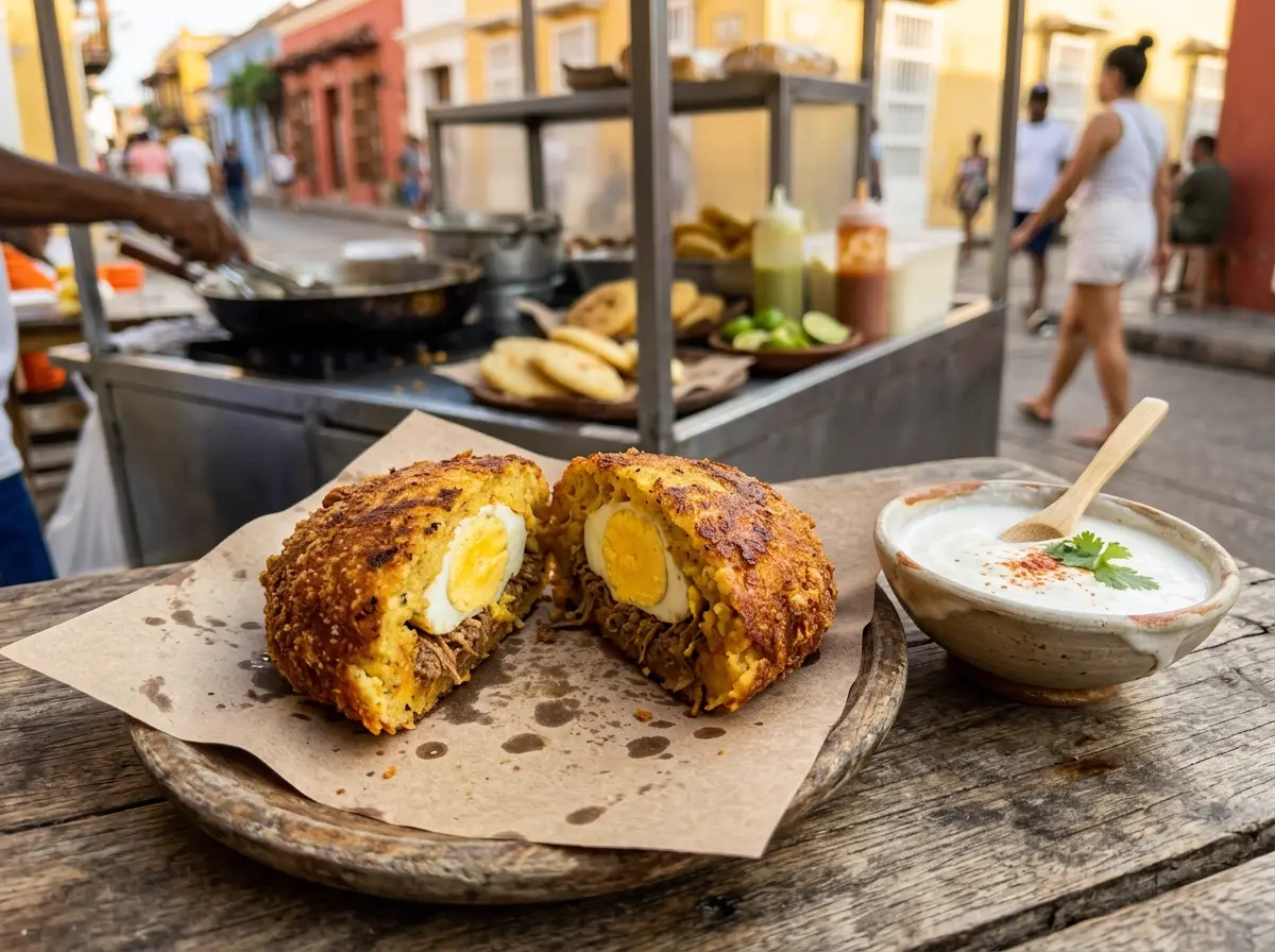 Arepa frita de maíz abierta por la mitad mostrando un huevo duro dentro