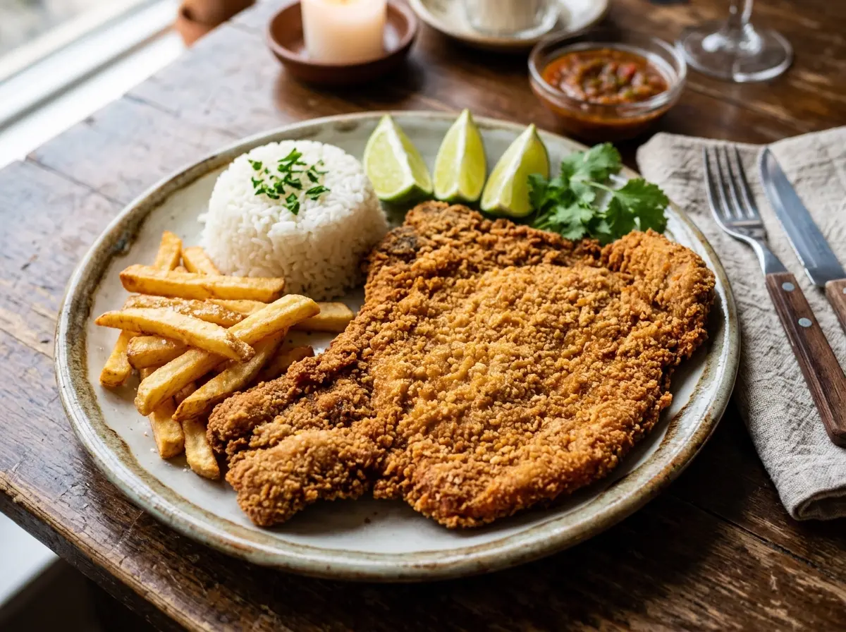 Milanesa de cerdo gigante frita en plato grande con arroz y papas fritas