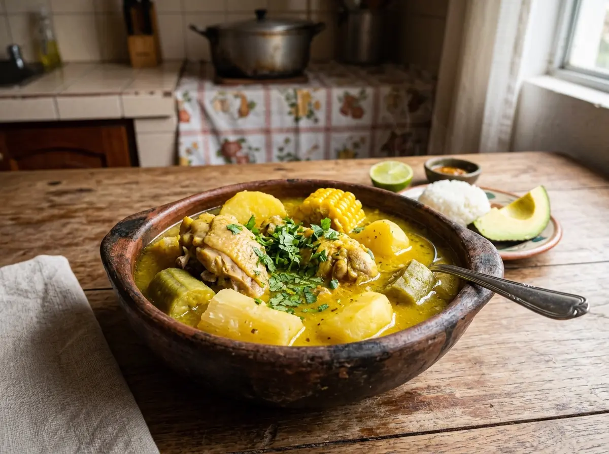 Sopa amarilla servida en olla de barro con pollo, yuca y elote