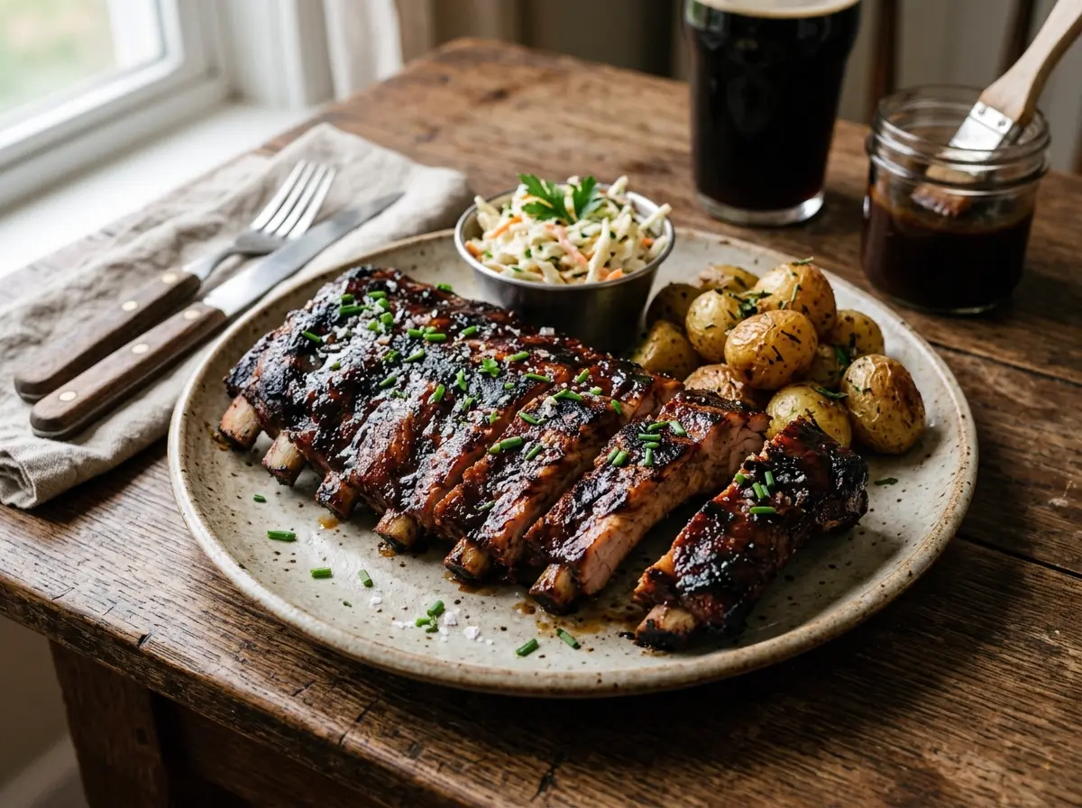 Costillas de cerdo BBQ con salsa oscura de café
