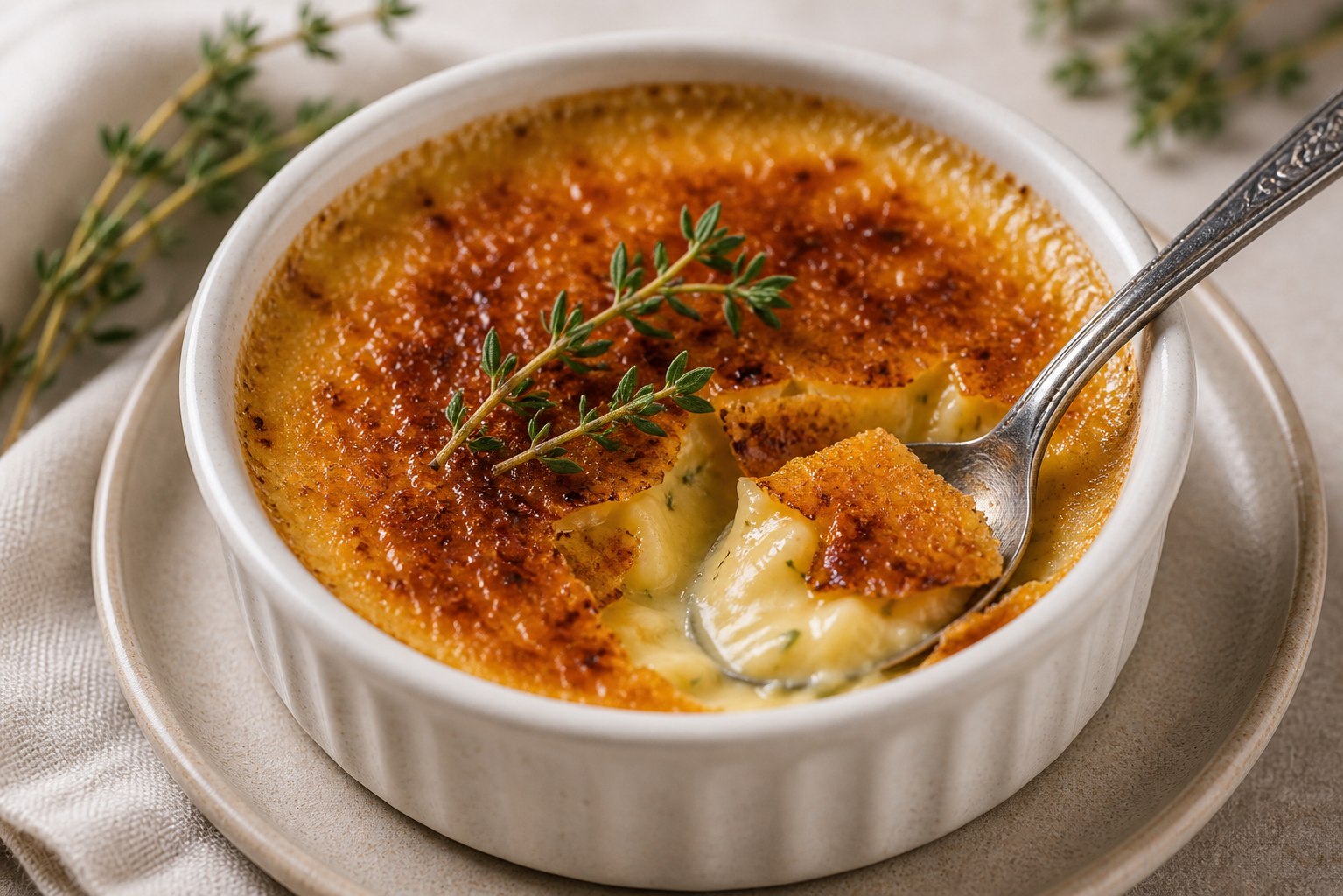 Crème brûlée con costra dorada y ramita de tomillo