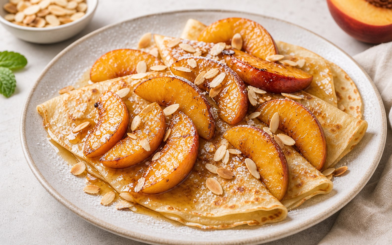 Crepas con melocotones caramelizados y almendras
