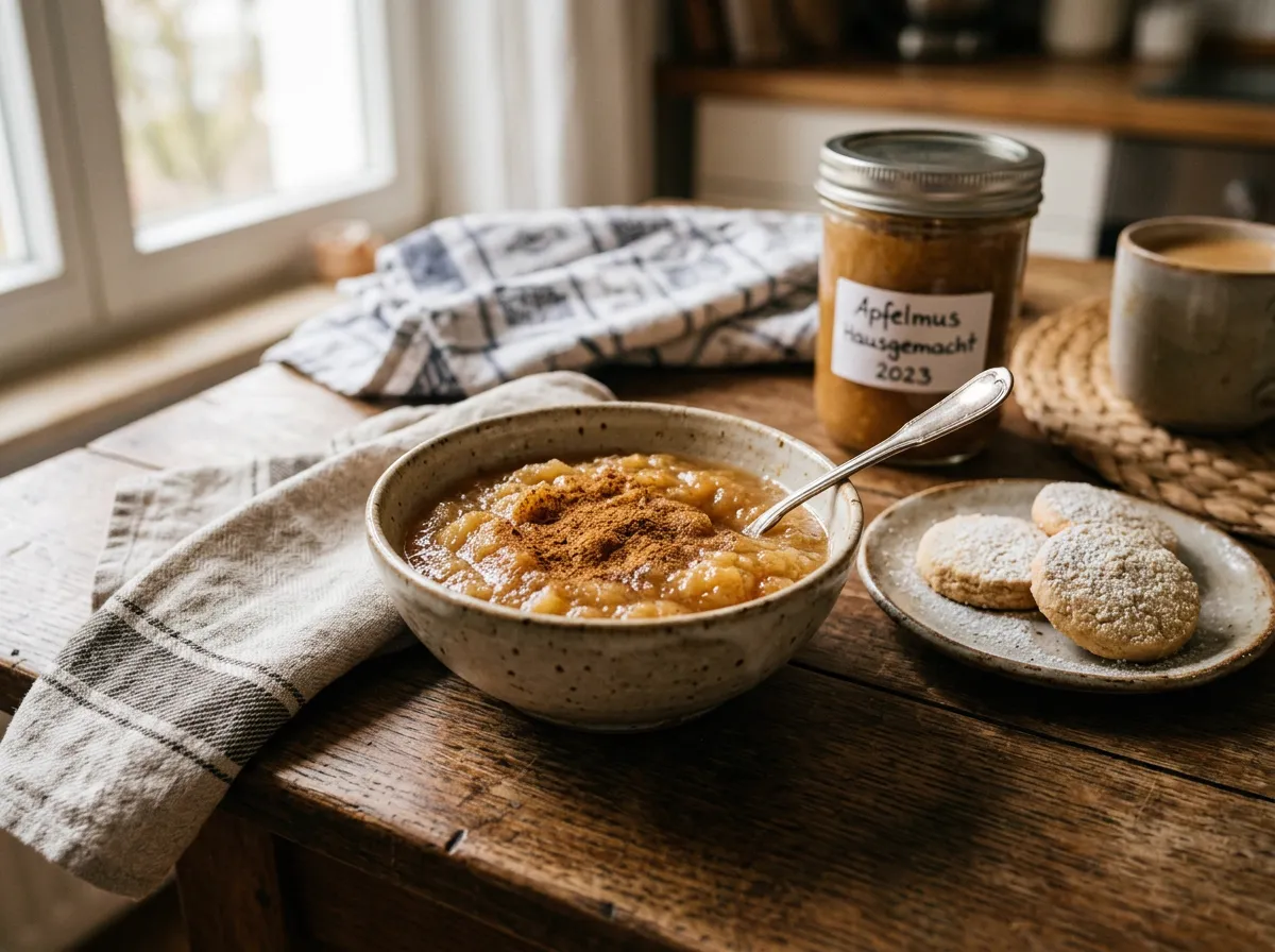Tazón con puré de manzana casero espolvoreado con canela al lado de galletas