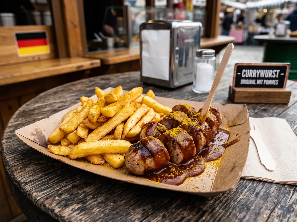 Salchichas troceadas bañadas en salsa y polvo de curry con papas fritas