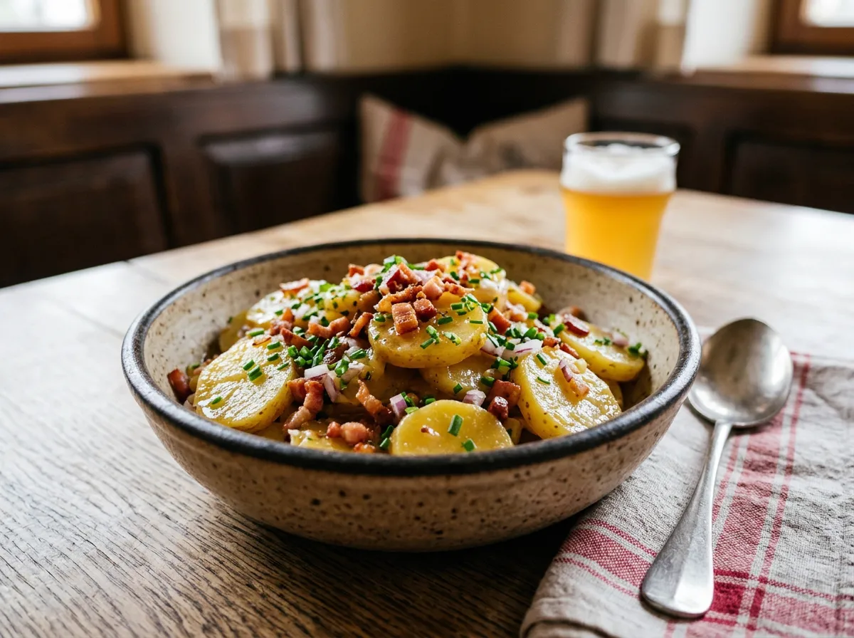 Tazón con ensalada de papa, trozos de tocino y cebollín verde picado
