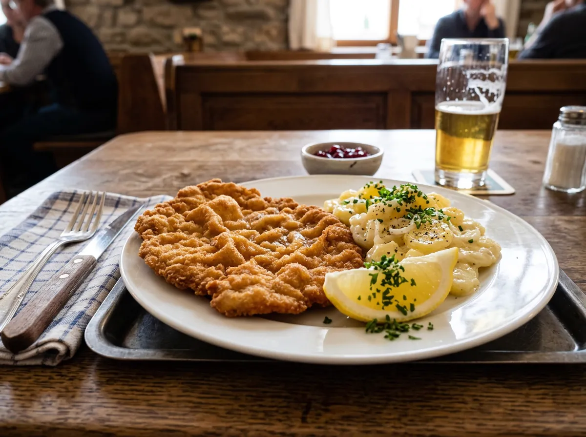 Milanesa de cerdo dorada acompañada de rodaja de limón y ensalada de papa