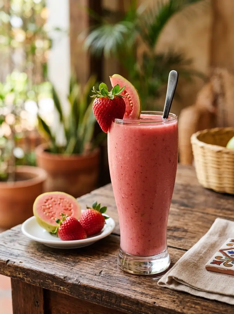 Batido rosado de guayaba y fresa servido en un vaso alto con una guayaba decorativa