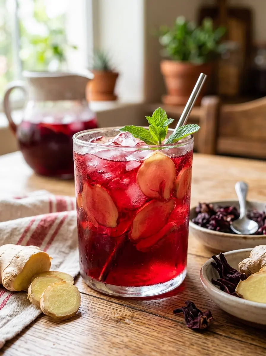 Vaso de agua de jamaica con rodajas de jengibre y mucho hielo