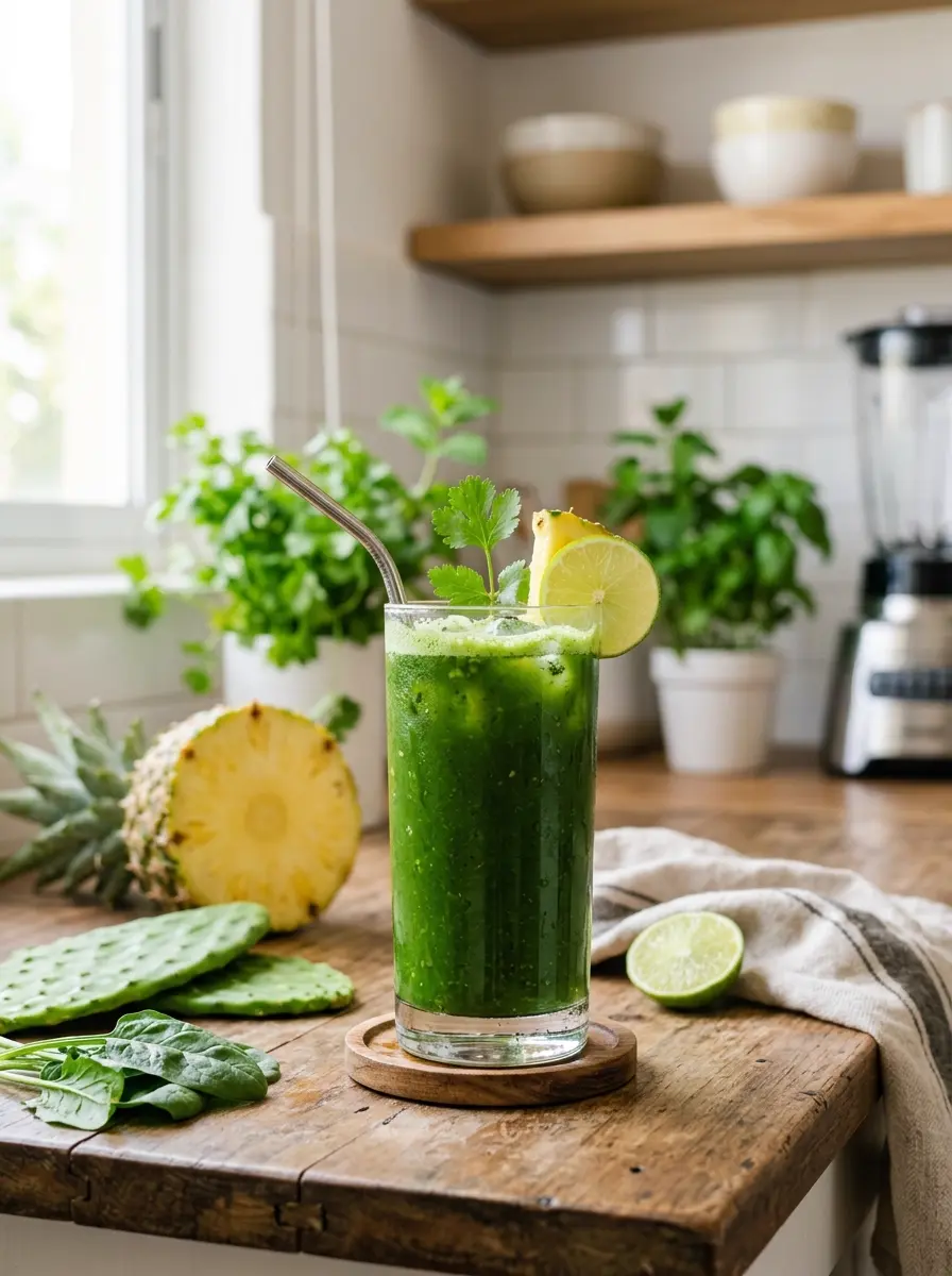 Jugo verde de nopal y piña servido en vaso alto de vidrio