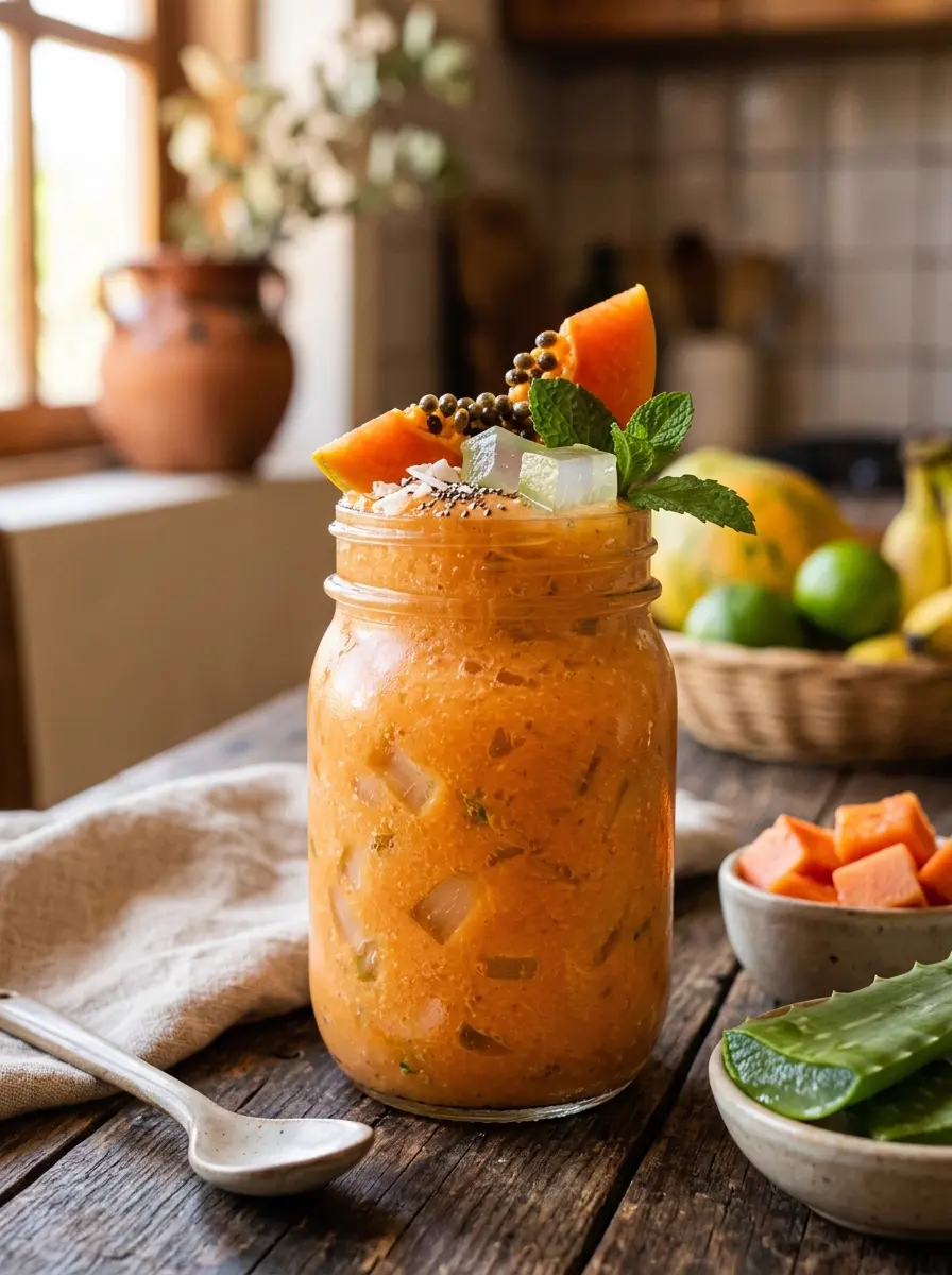 Licuado color naranja de papaya con cristales de aloe vera en frasco de vidrio