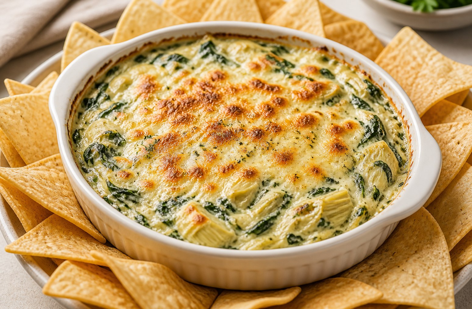 Dip cremoso de espinaca gratinado con totopos