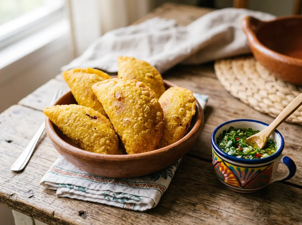 Empanadas amarillas crujientes con ají picante