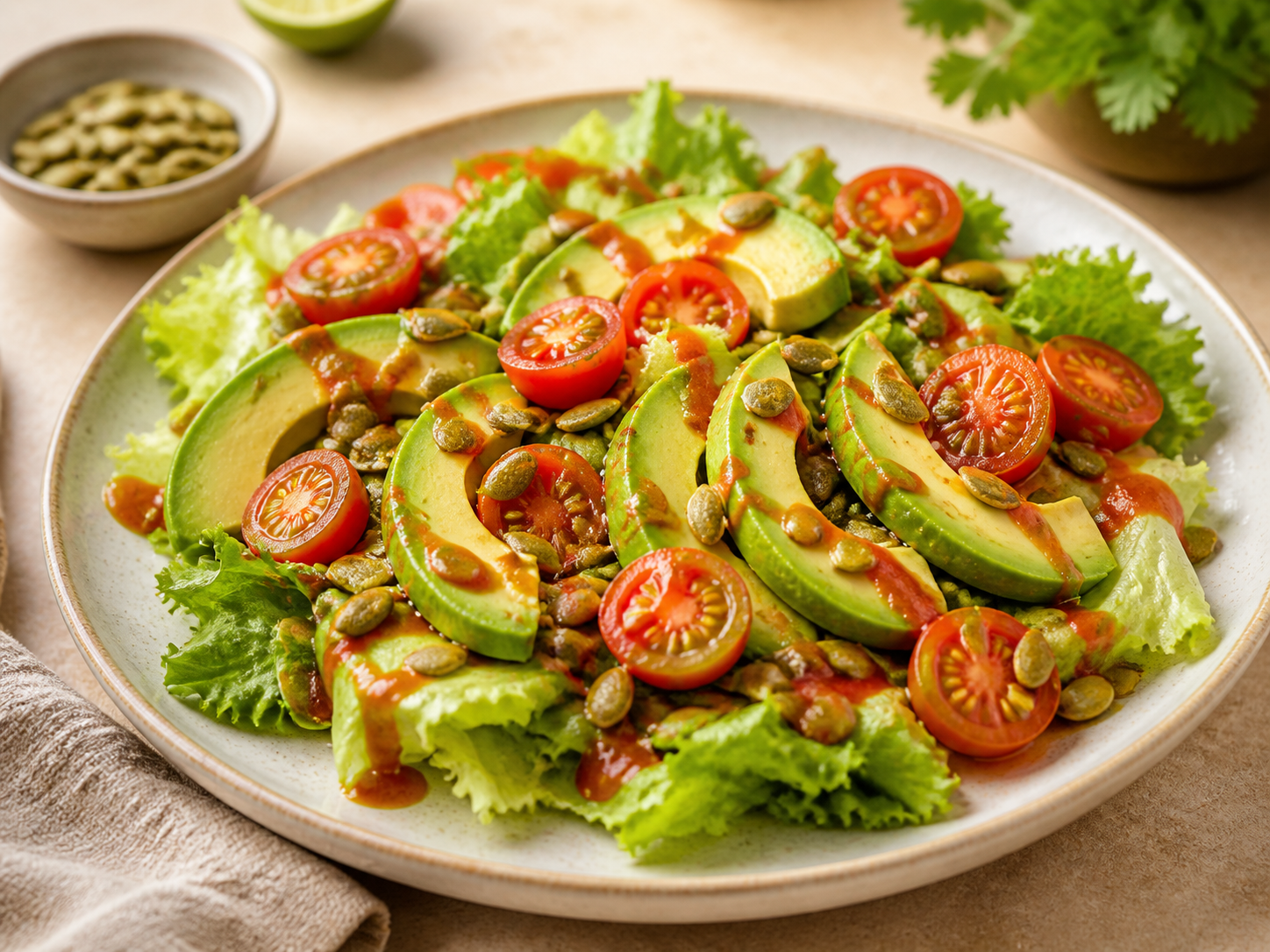 Ensalada de aguacate con pepitoria tostada