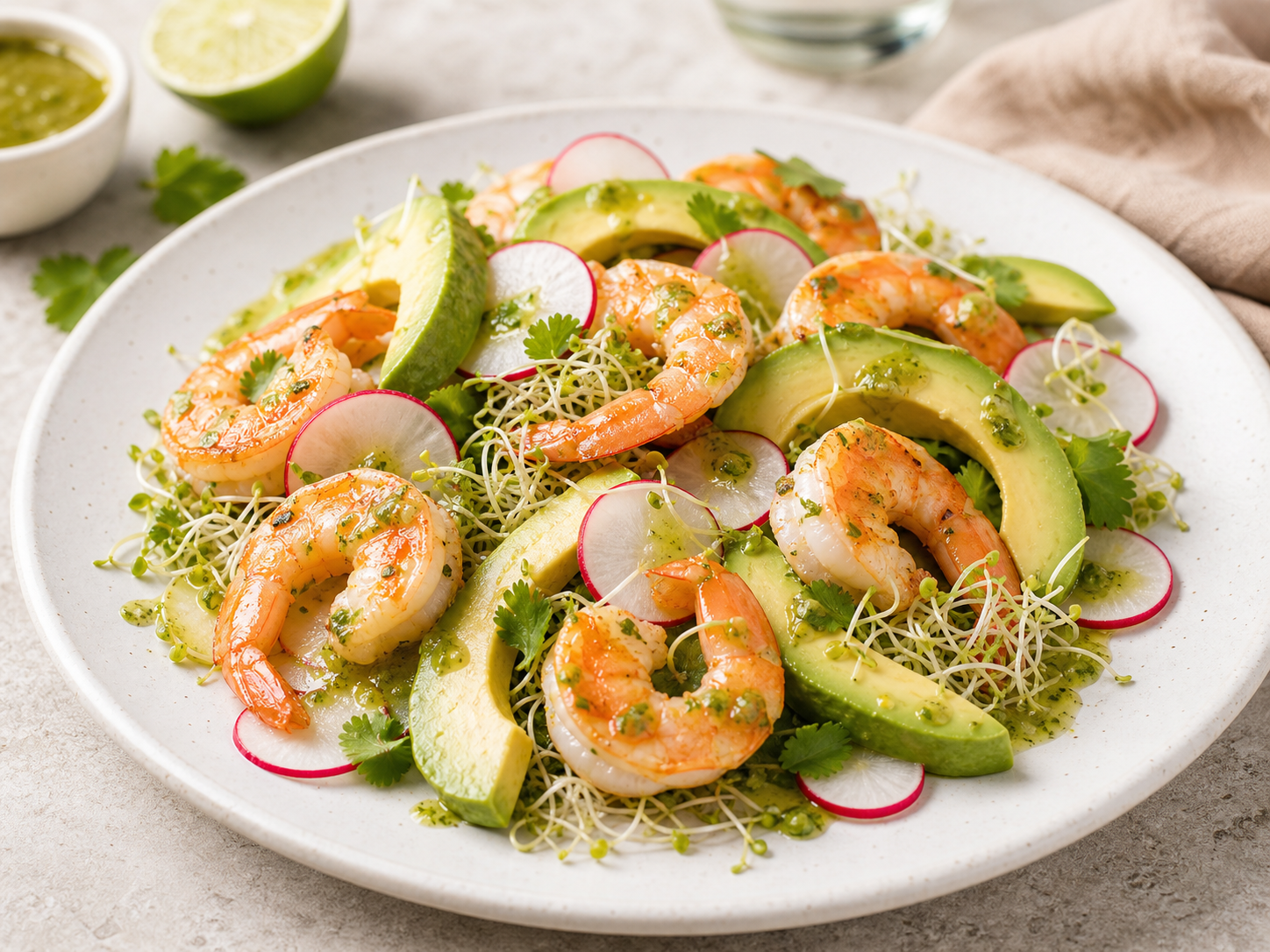 Ensalada de camarones rosados con aguacate verde