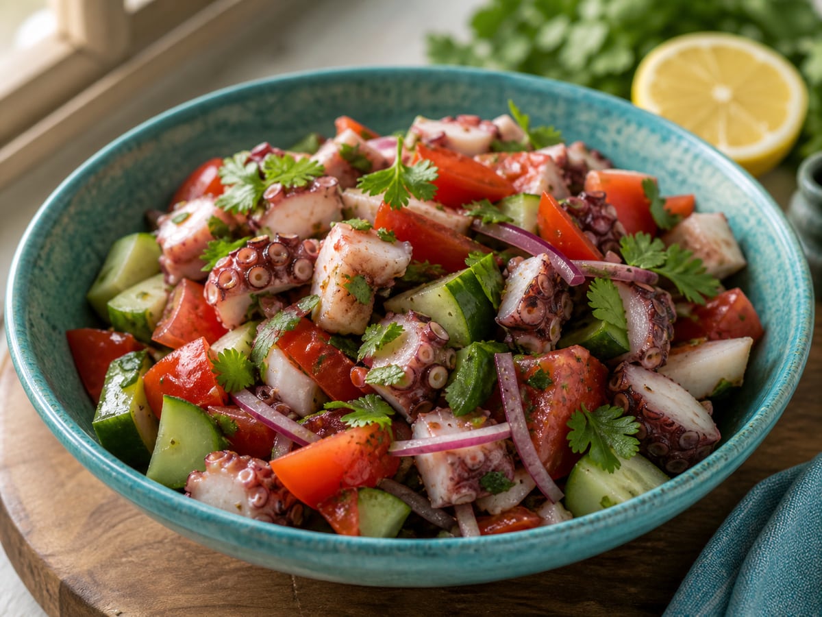 Ensalada de pulpo servido con tomate y pepino