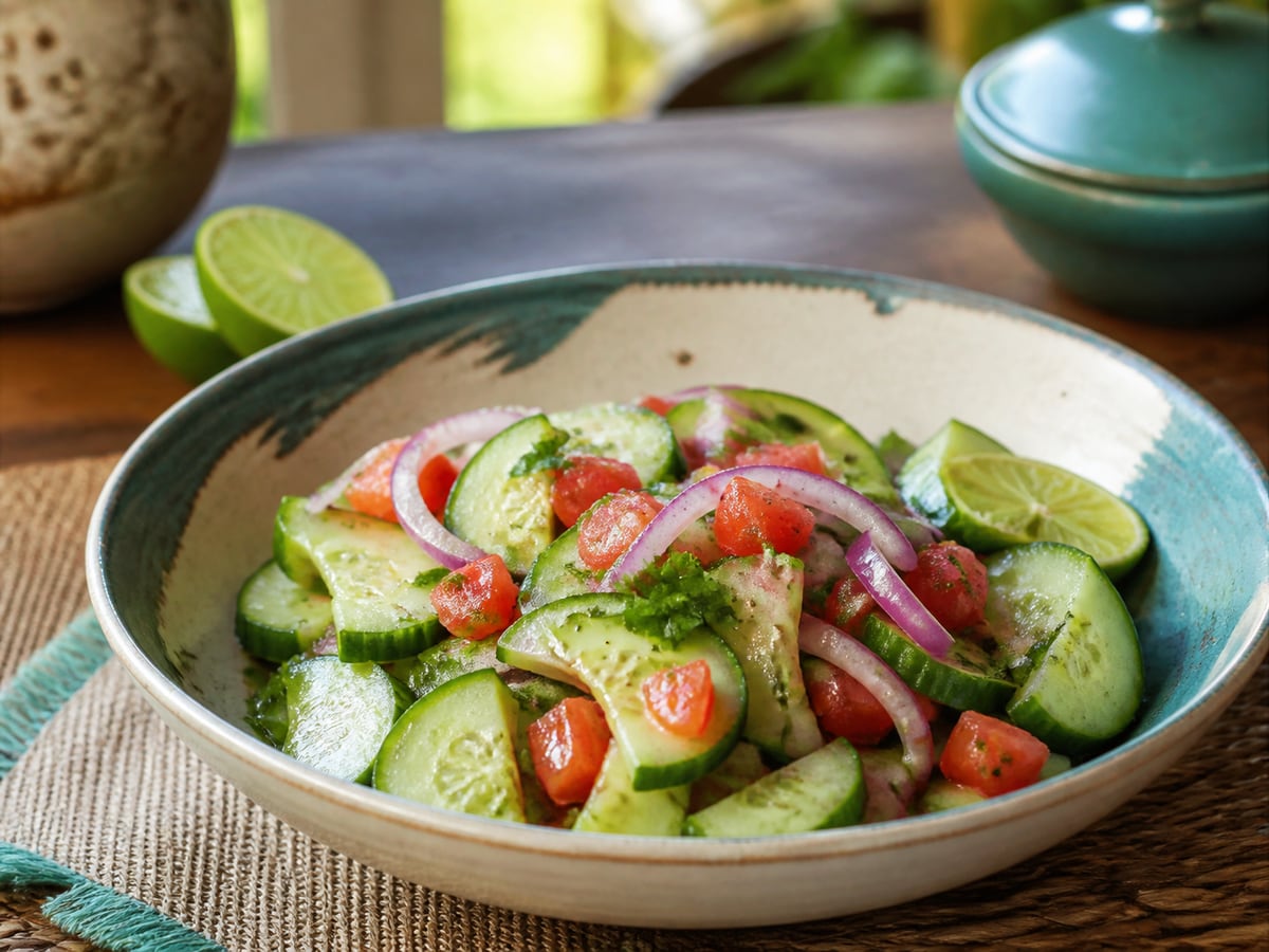 Ensalada fresca de pepino servido con tomate y cebolla morada