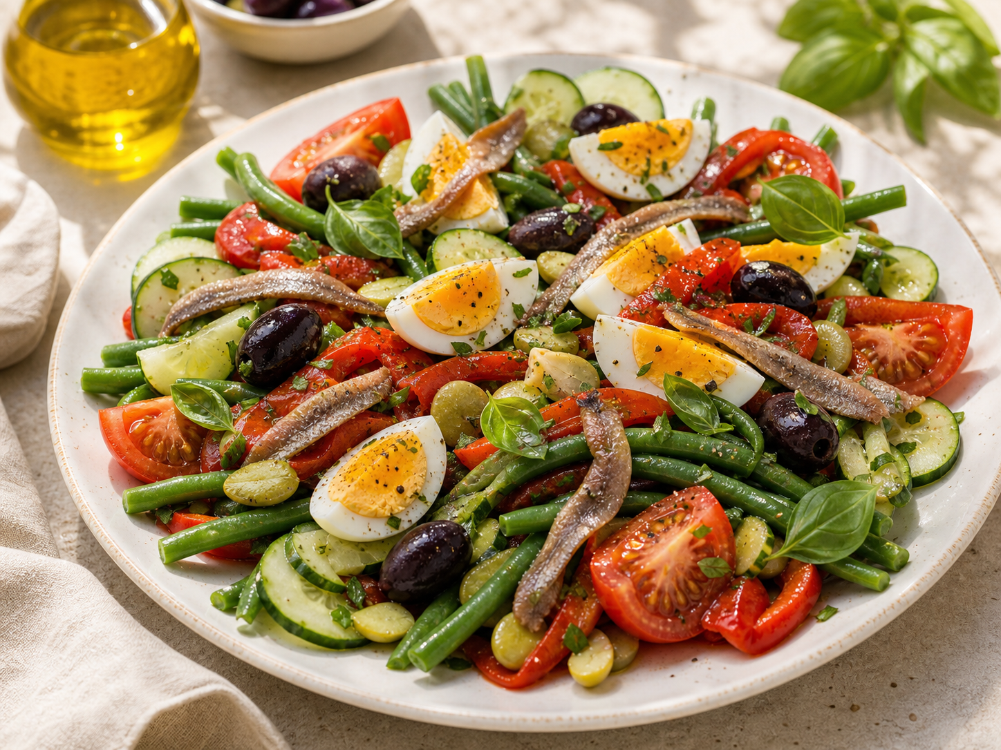Ensalada Niçoise con huevo, anchoas y aceitunas