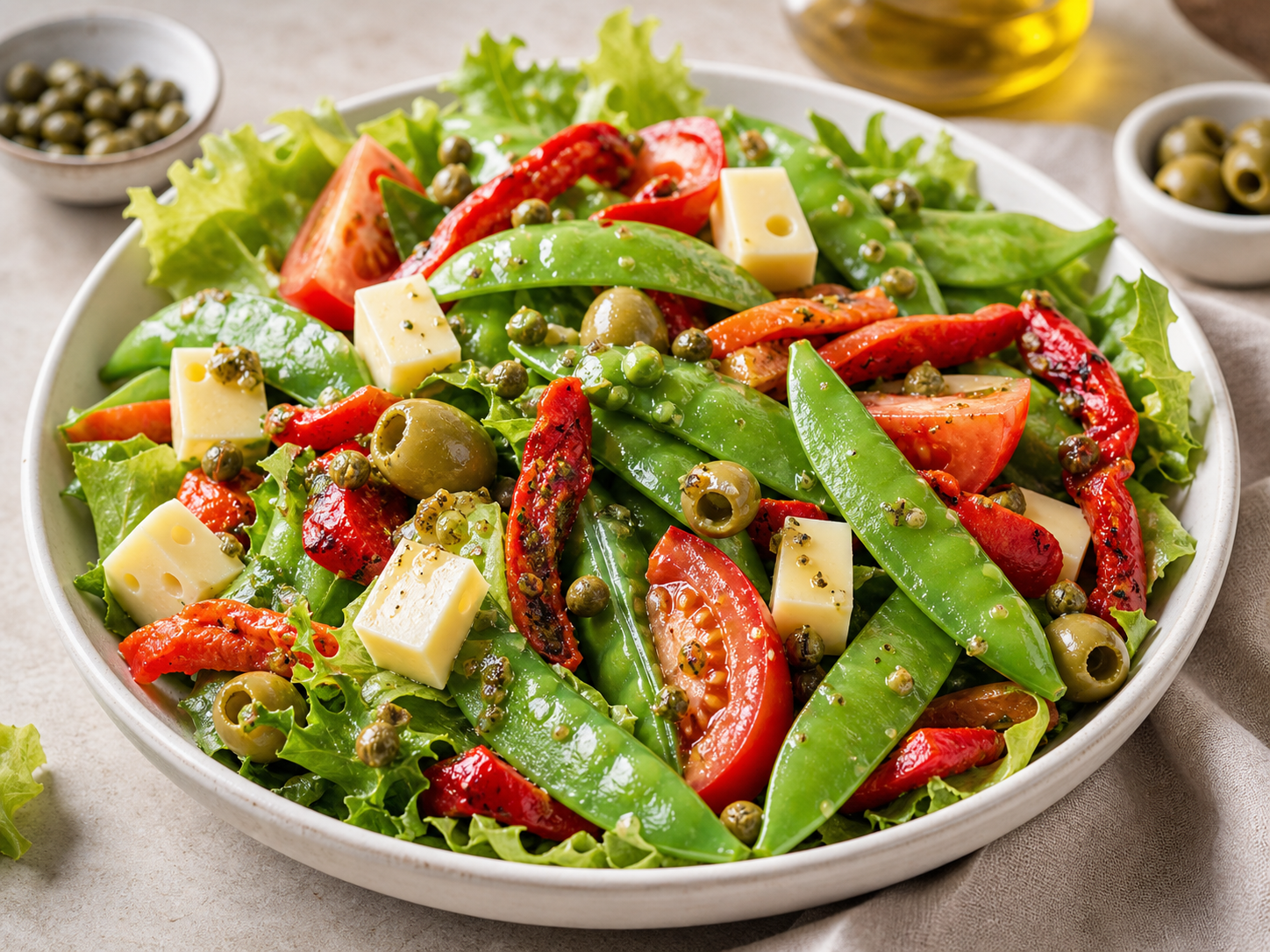 Ensalada colorida con arvejas chinas y queso