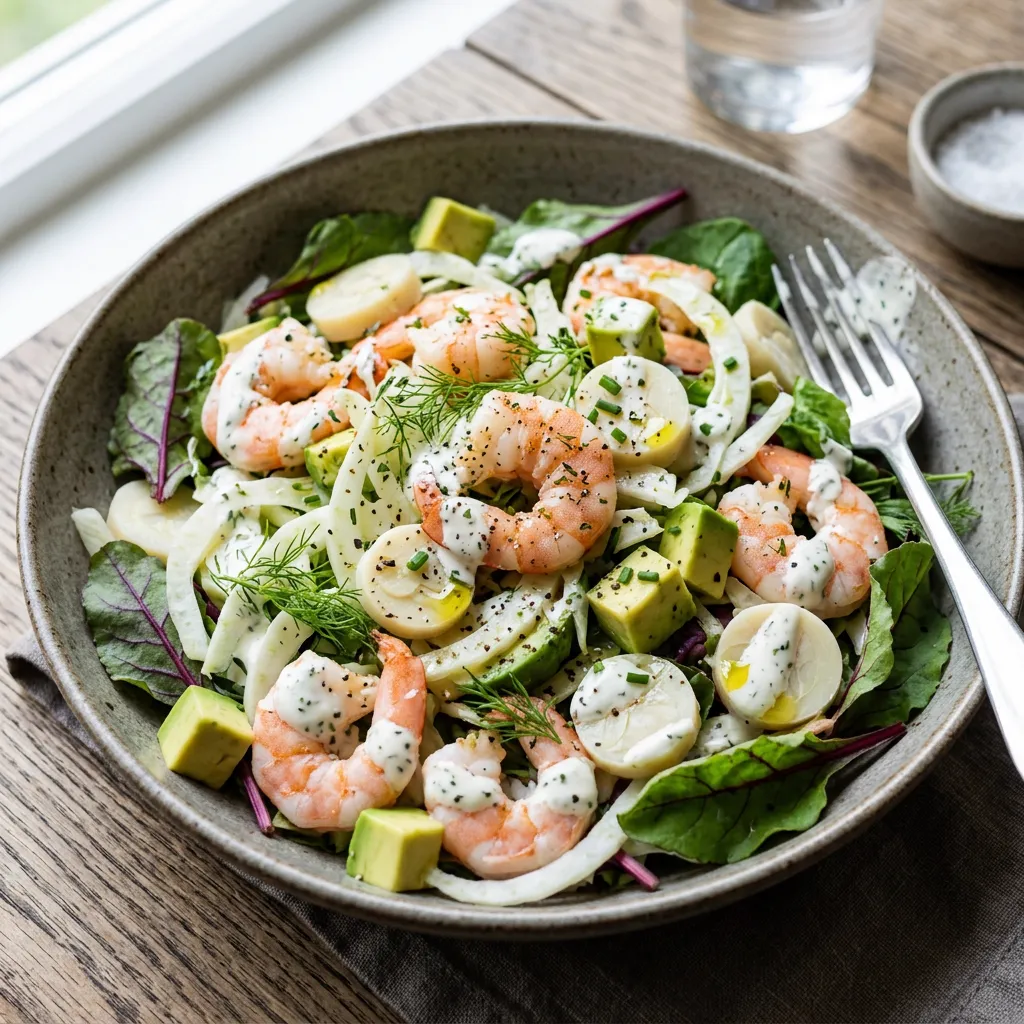 Ensalada fresca con camarones, palmitos, aguacate y aderezo ranch