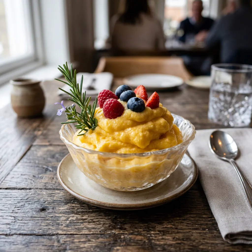 Espuma de mango en copa de cristal decorada con frutos rojos