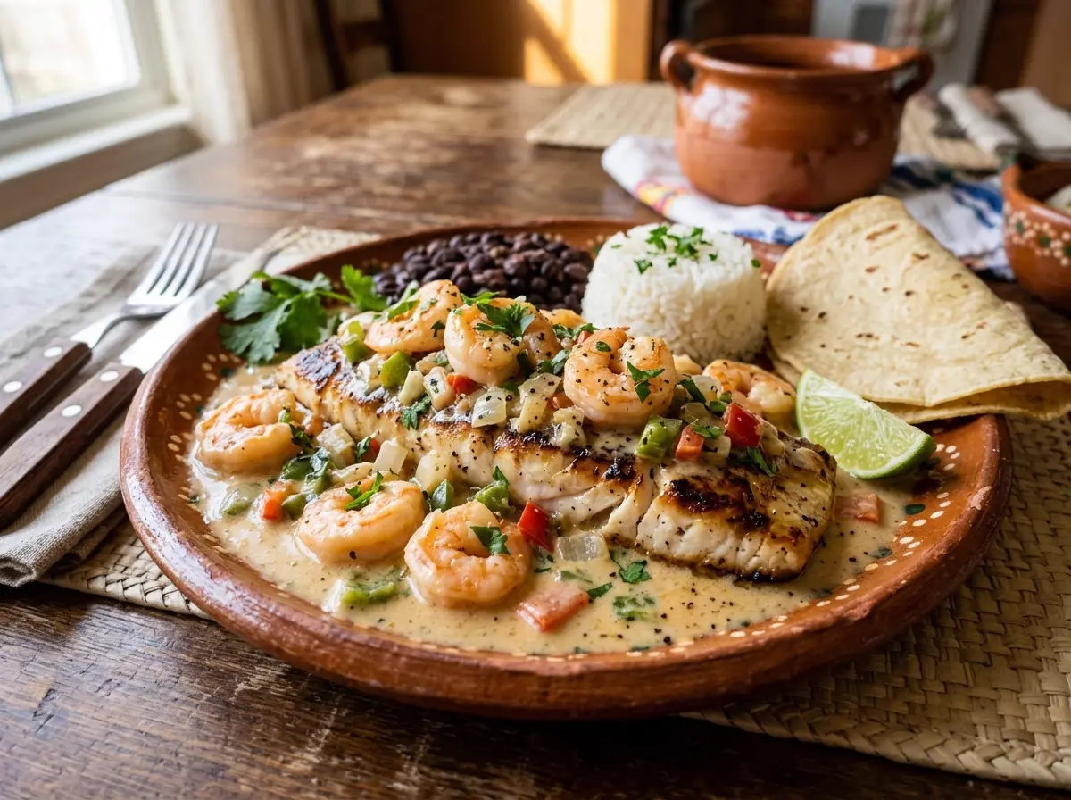 Filete de pescado bañado en crema de camarones