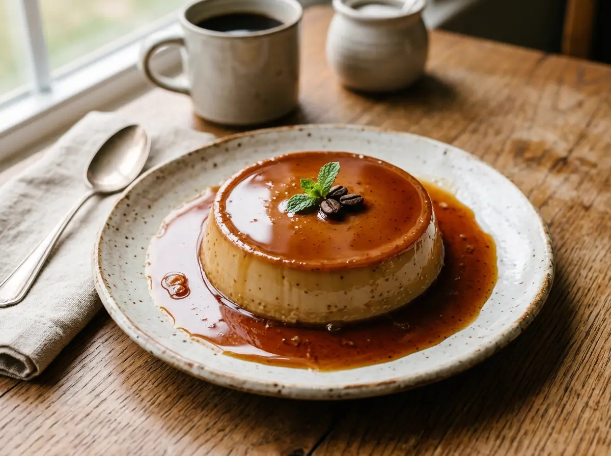 Flan de café bañado en caramelo oscuro