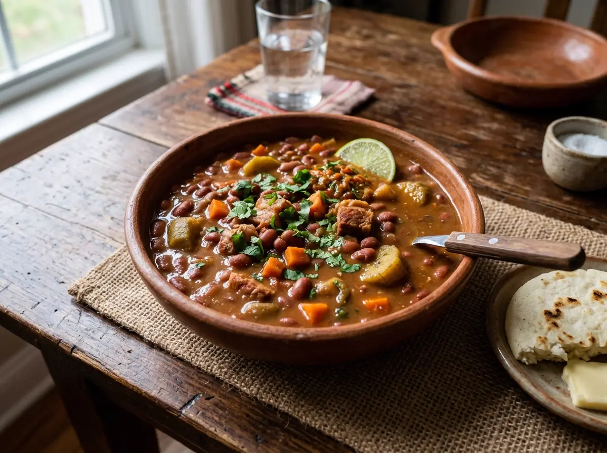 Plato de barro con frijoles rojos espesos colombianos