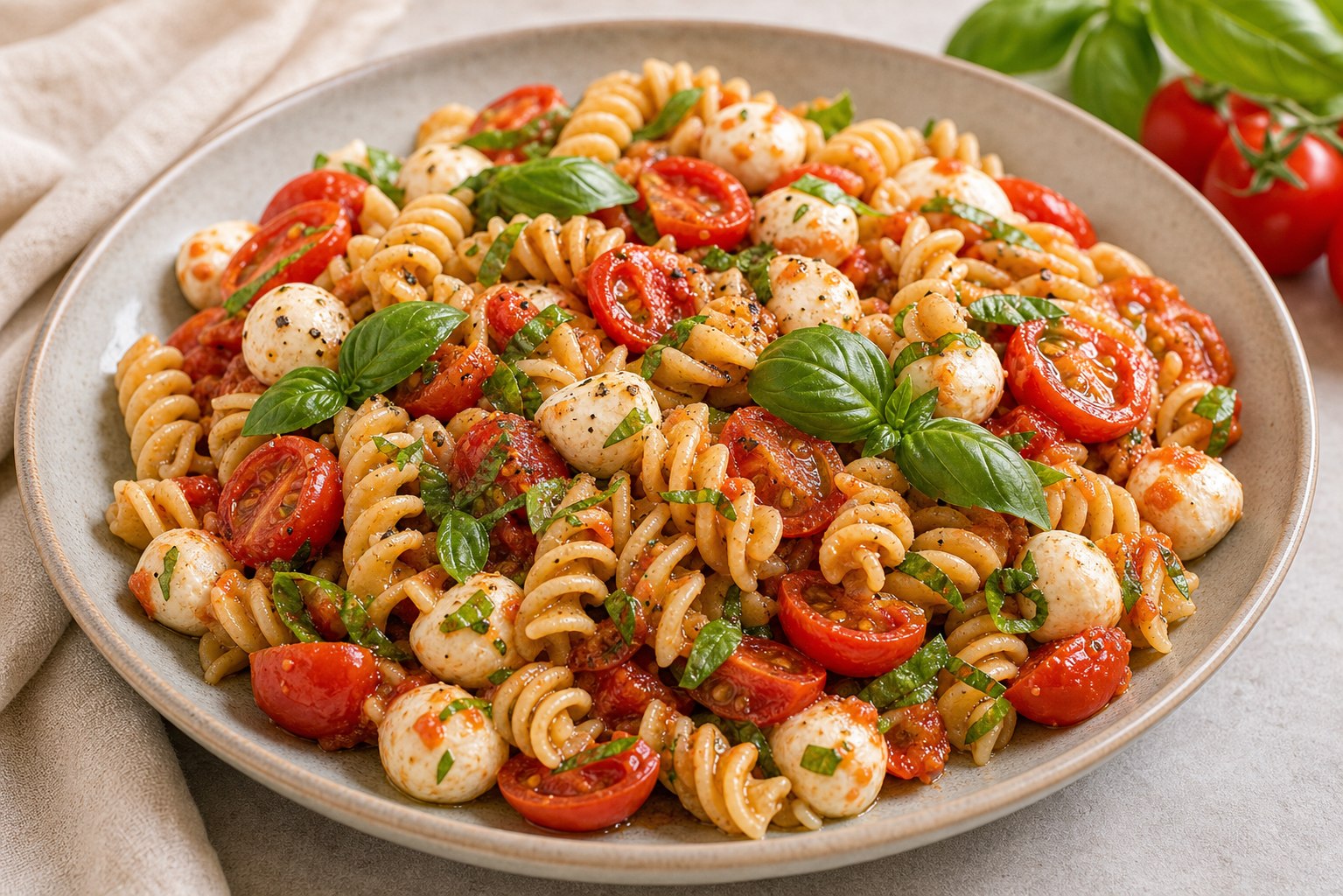 Fusilli con mozzarella, tomate y albahaca